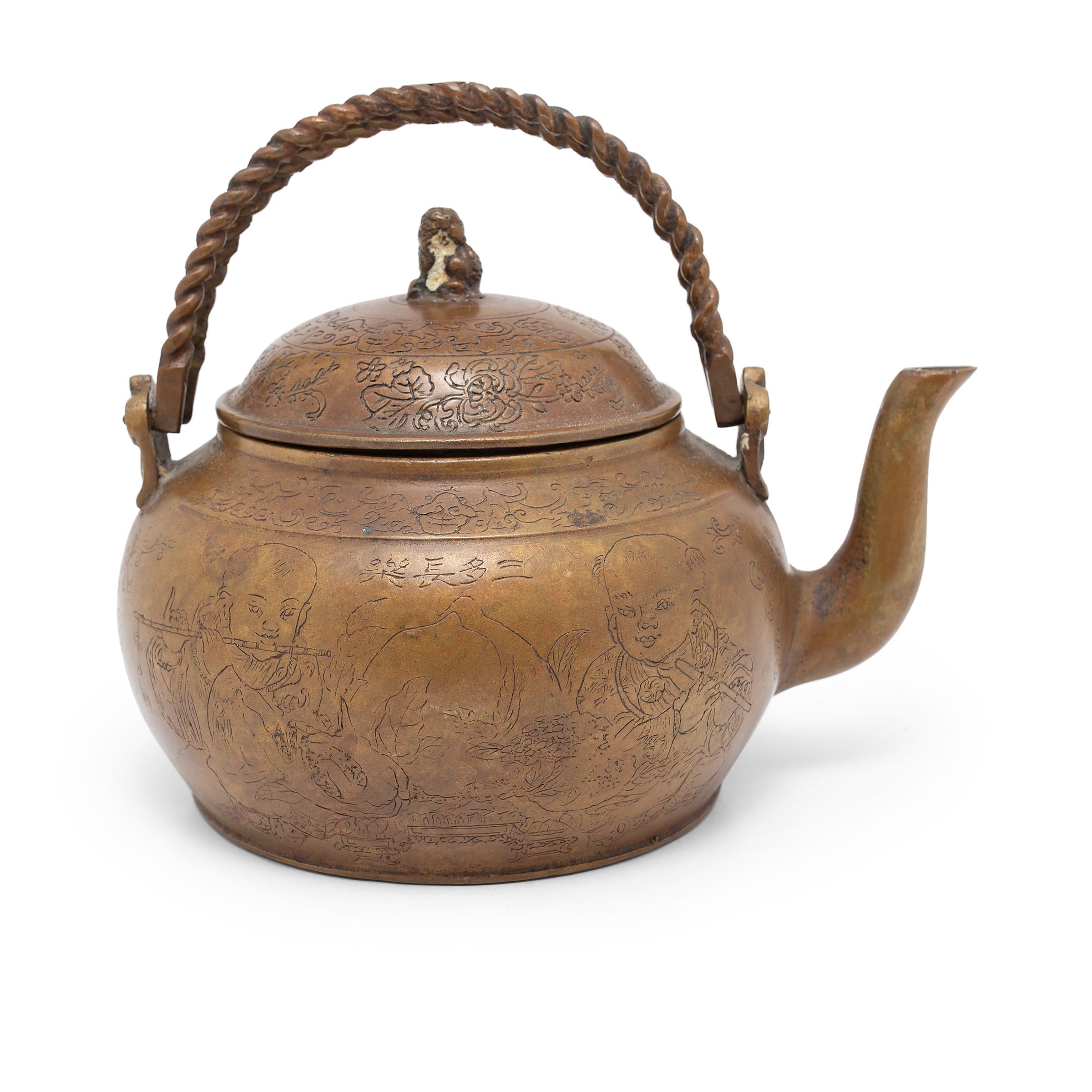 Qing Etched Bronze Chinese Teapot, c. 1900