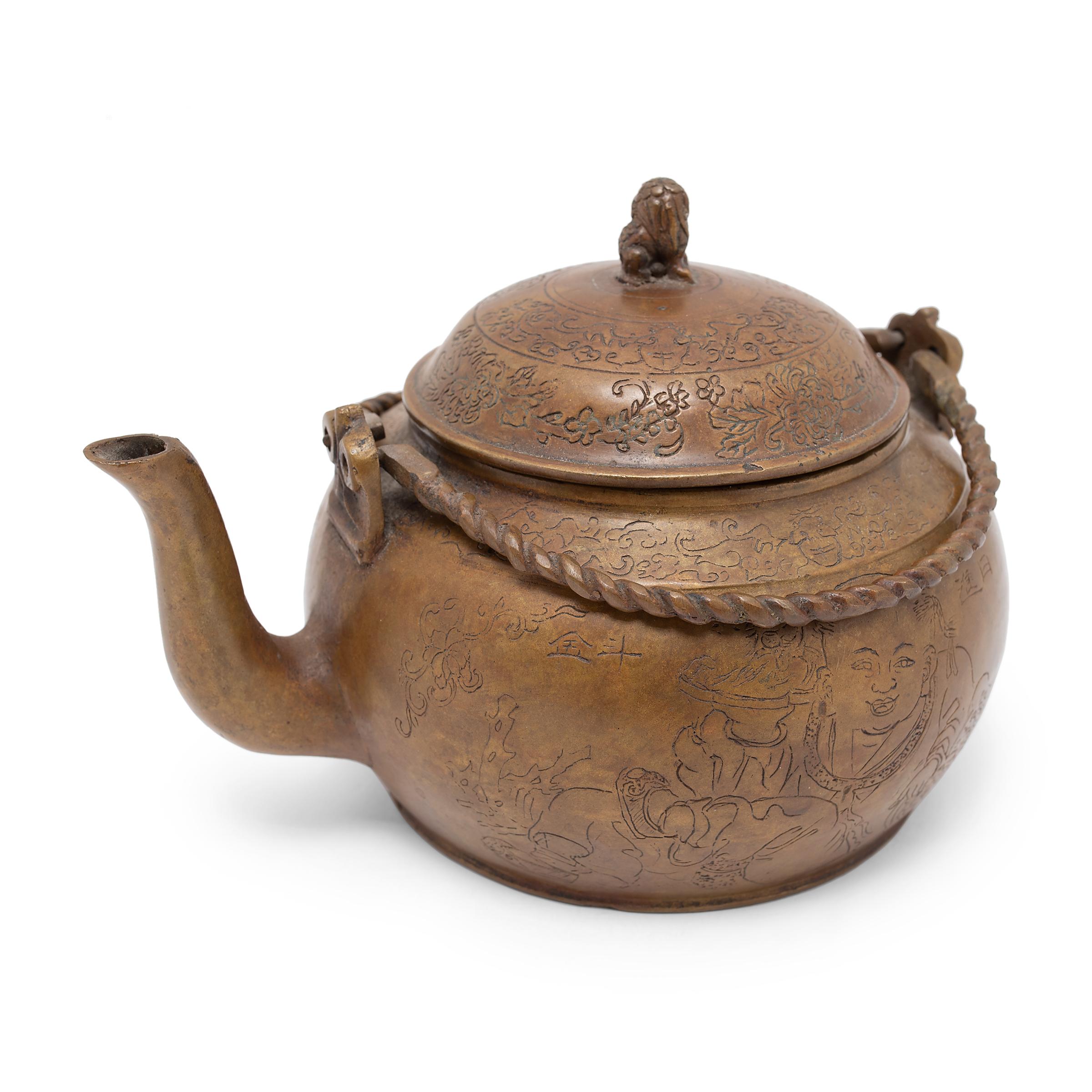 Etched Bronze Chinese Teapot, c. 1900 In Good Condition In Chicago, IL