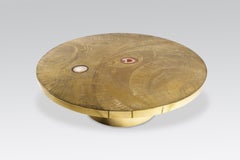 Etched Circular Brass Coffee Table Inlay 2 Agates by VDL, circa 1980