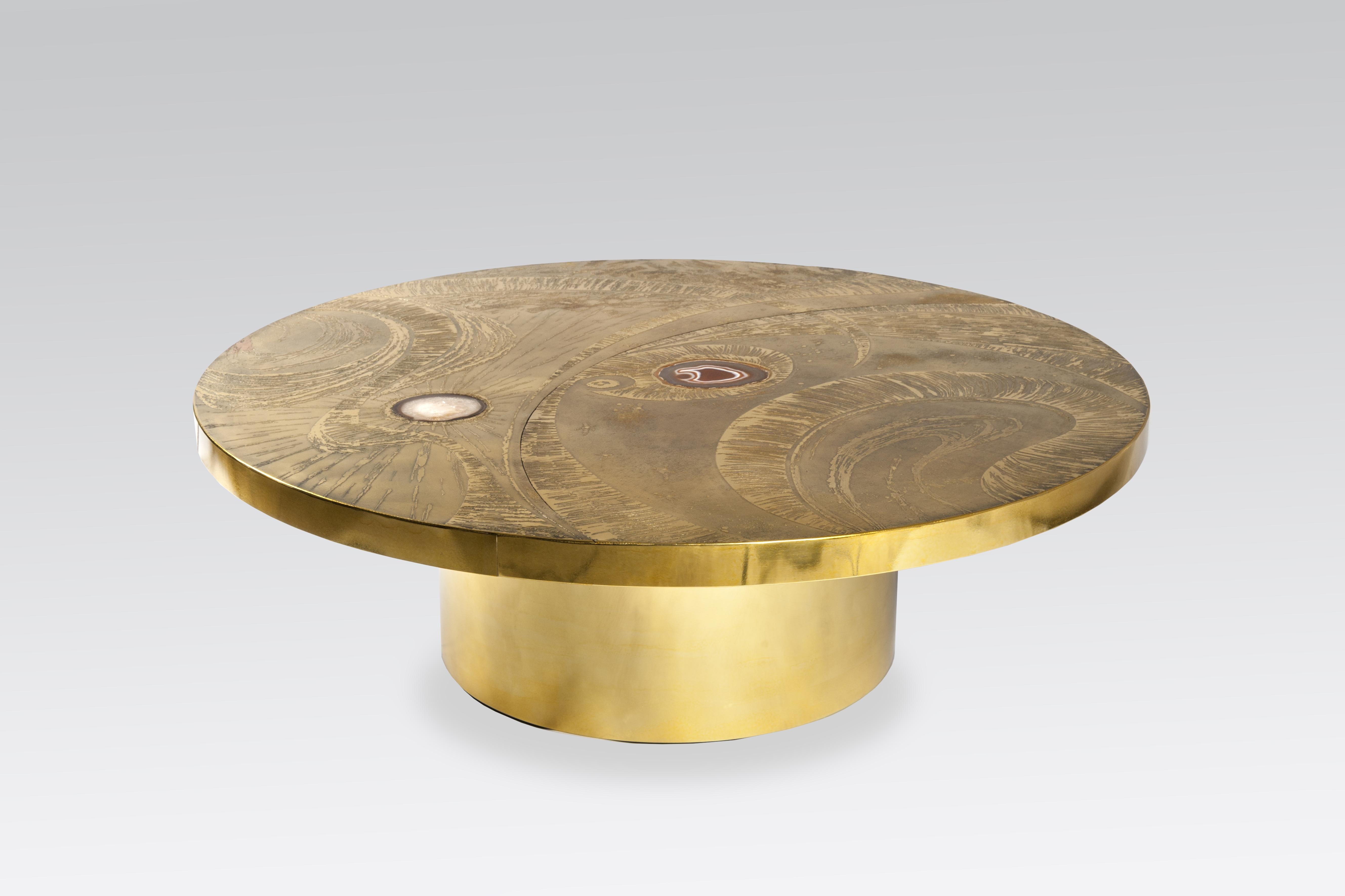 French Etched Circular Brass Coffee Table Inlay 2 Agates by VDL, circa 1980