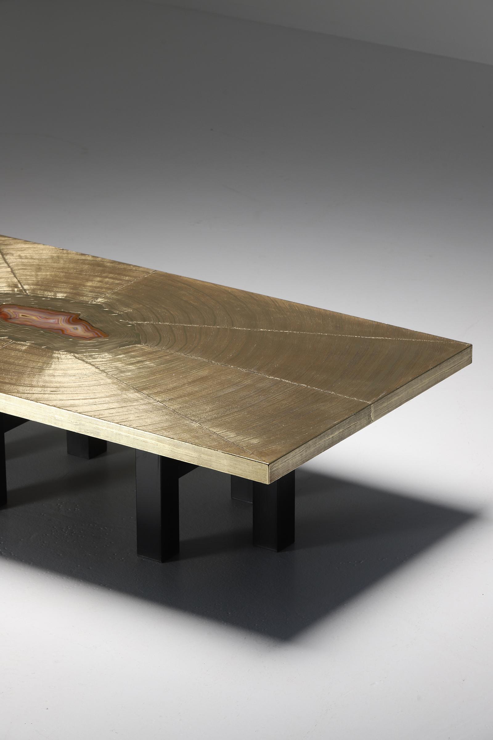 Brass Etched Coffee Table with Agathe Stone by Georges Mathias, Lova Creation Belgium For Sale