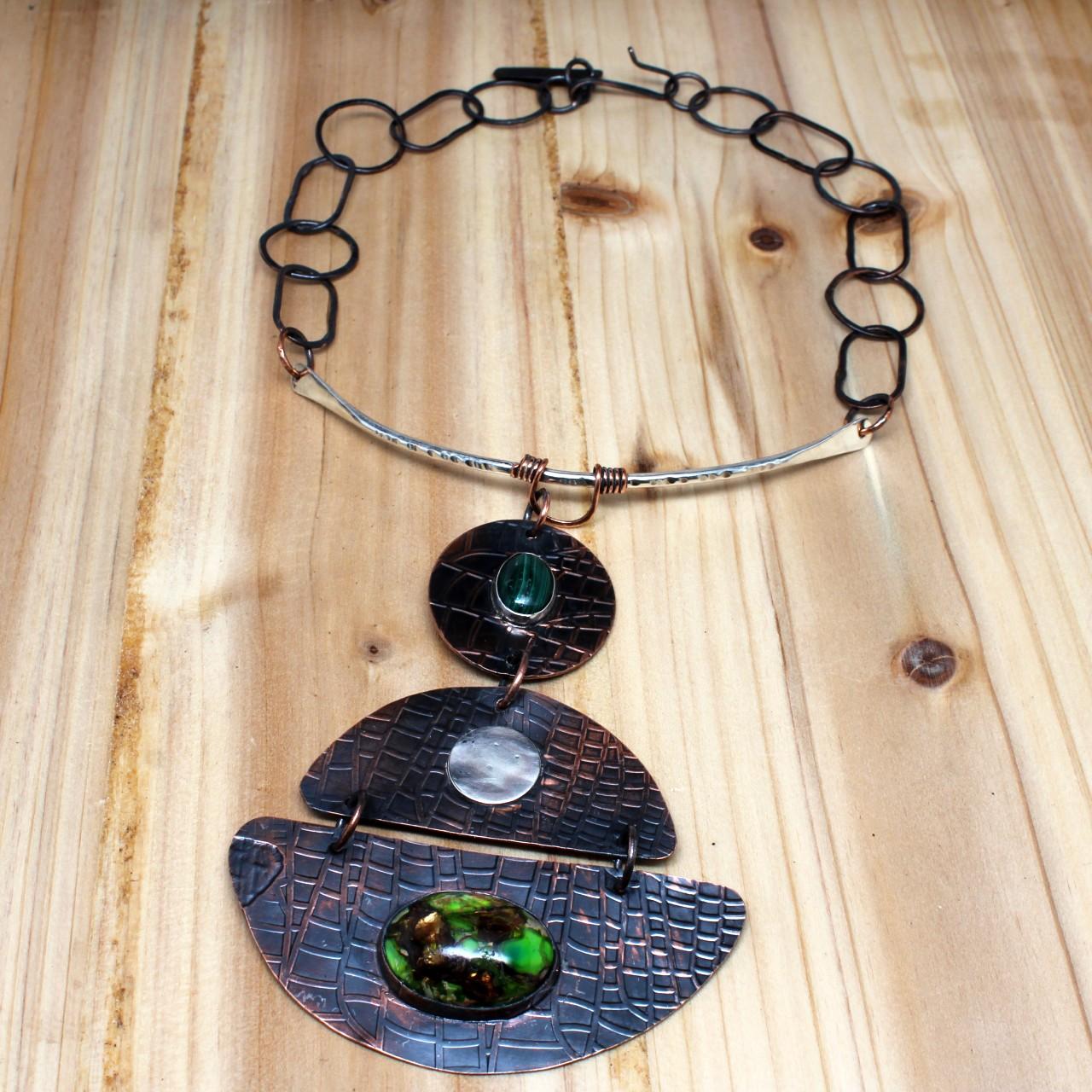 Artisan Etched Copper, Argentium Silver and Malachite Queen Necklace For Sale