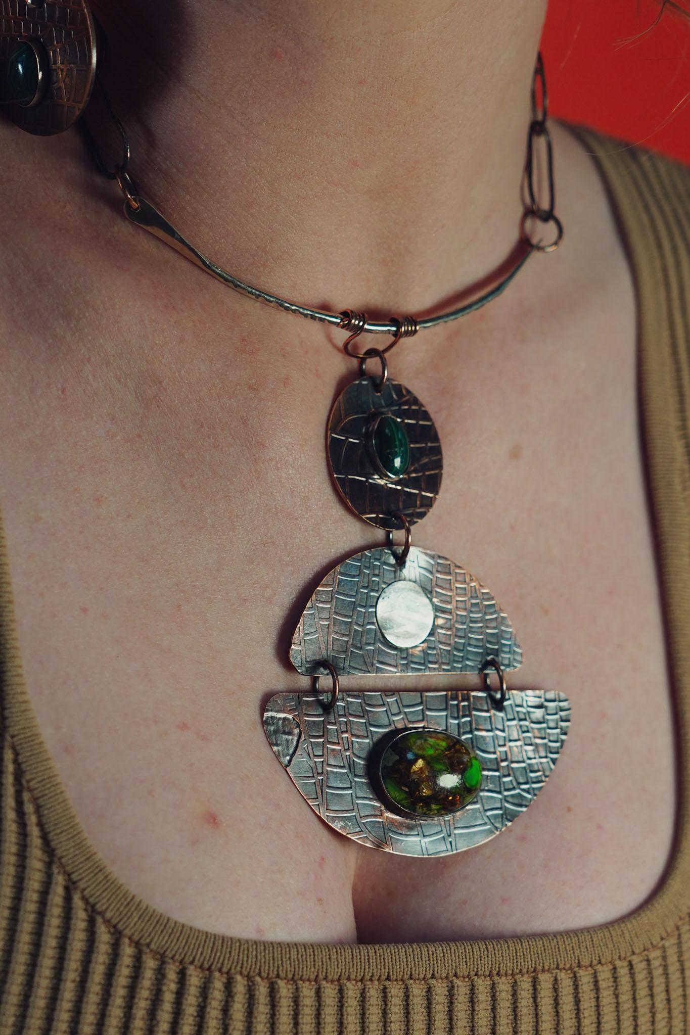 Women's Etched Copper, Argentium Silver and Malachite Queen Necklace For Sale
