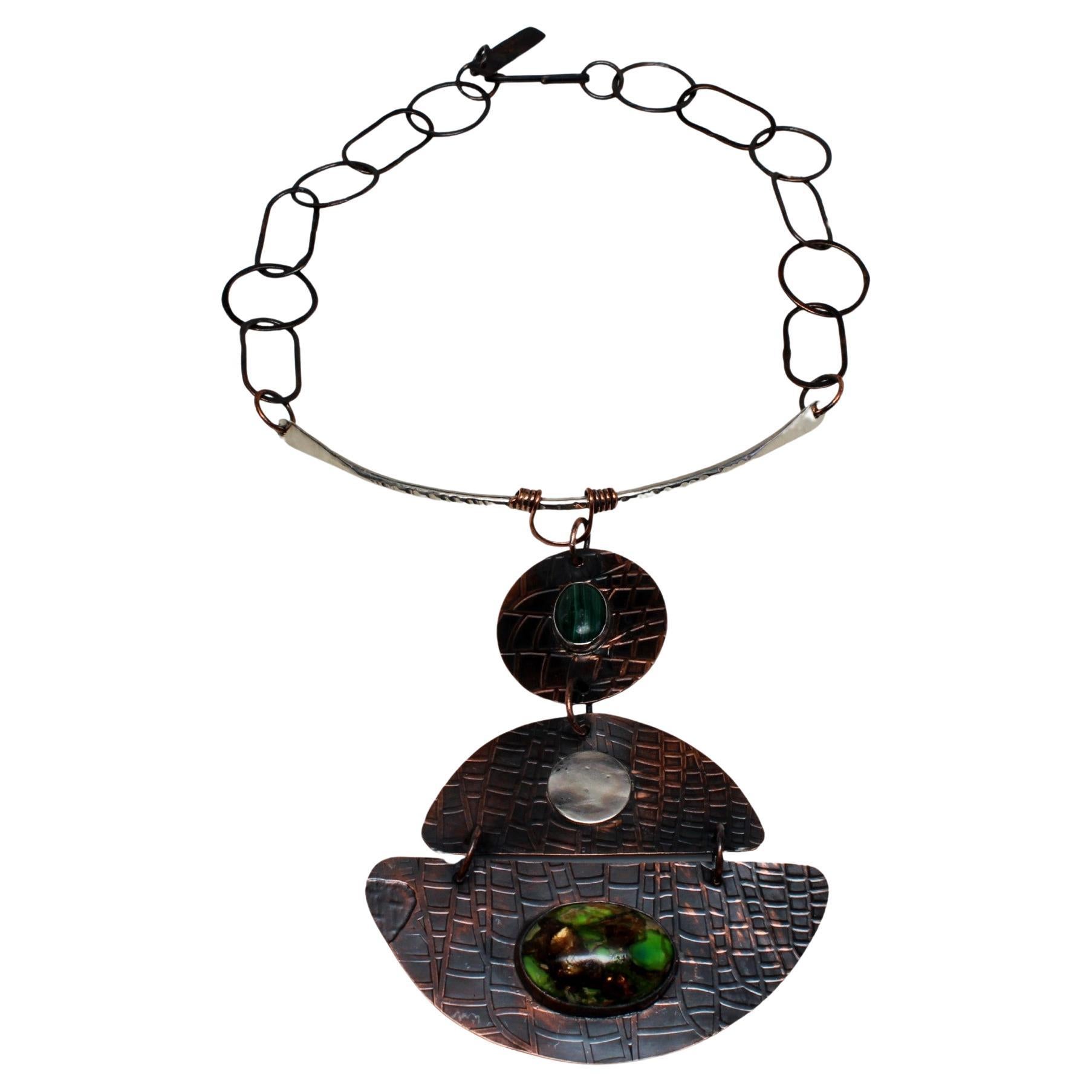 Etched Copper, Argentium Silver and Malachite Queen Necklace