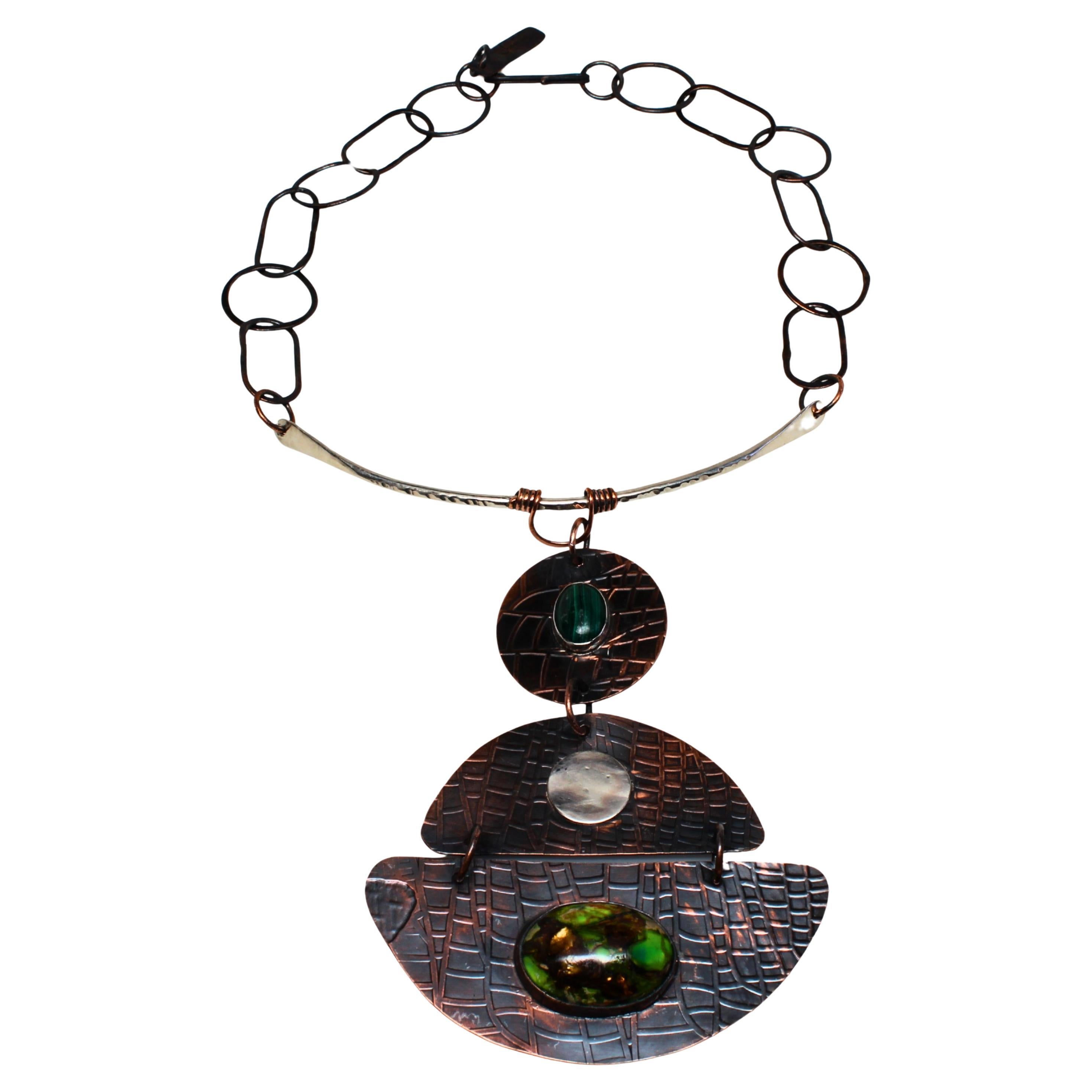 Collana Queen in rame inciso, argento argentato e malachite