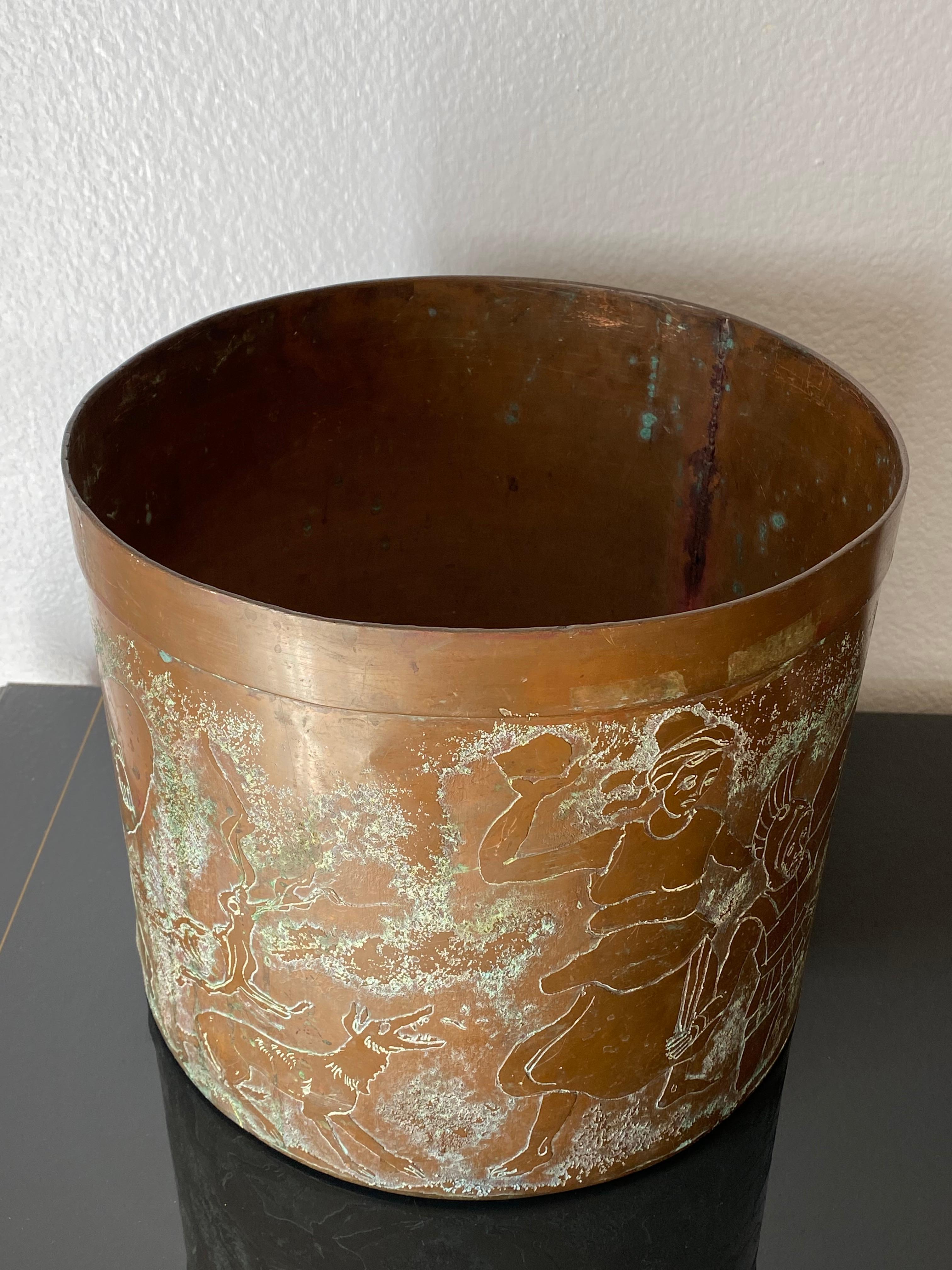 Etched copper planter or basket in the style of Philip and Kelvin LaVerne.