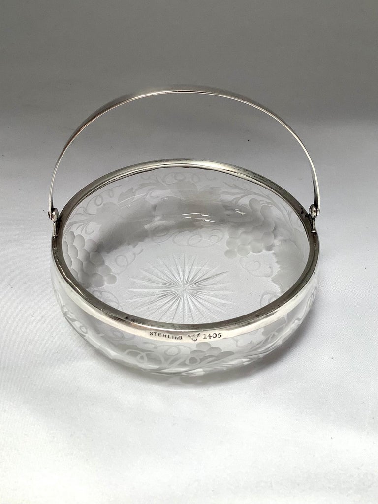Etched Crystal Candy Dish w/ Sterling Silver Handle at 1stDibs