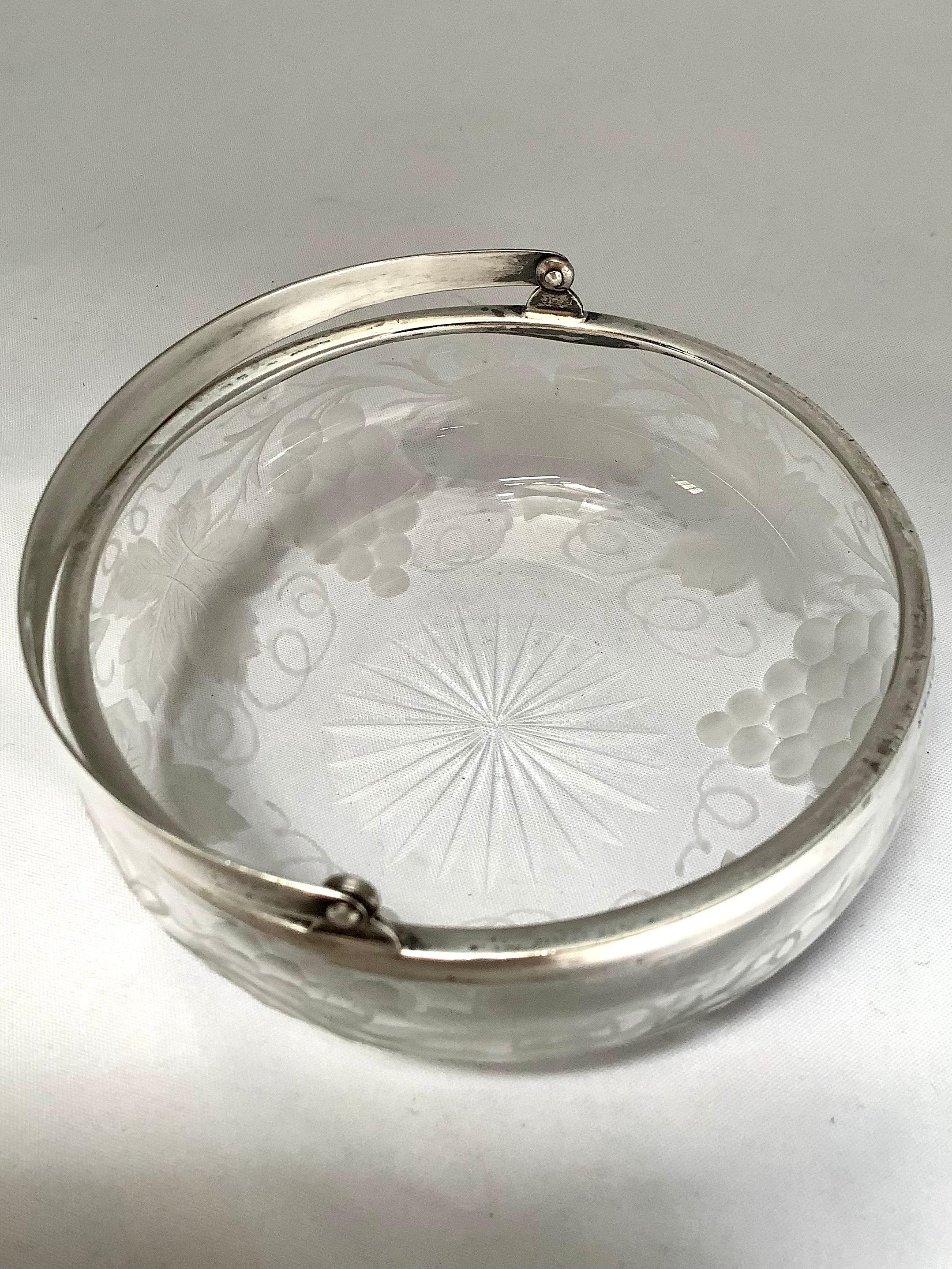Other Etched Crystal Candy Dish w/ Sterling Silver Handle