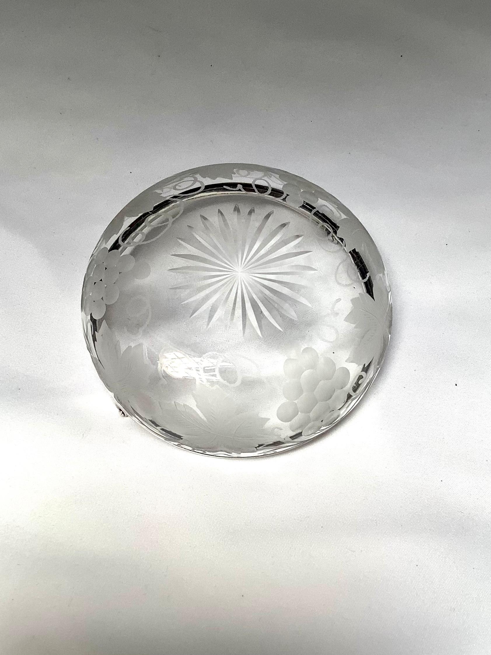 Unknown Etched Crystal Candy Dish w/ Sterling Silver Handle