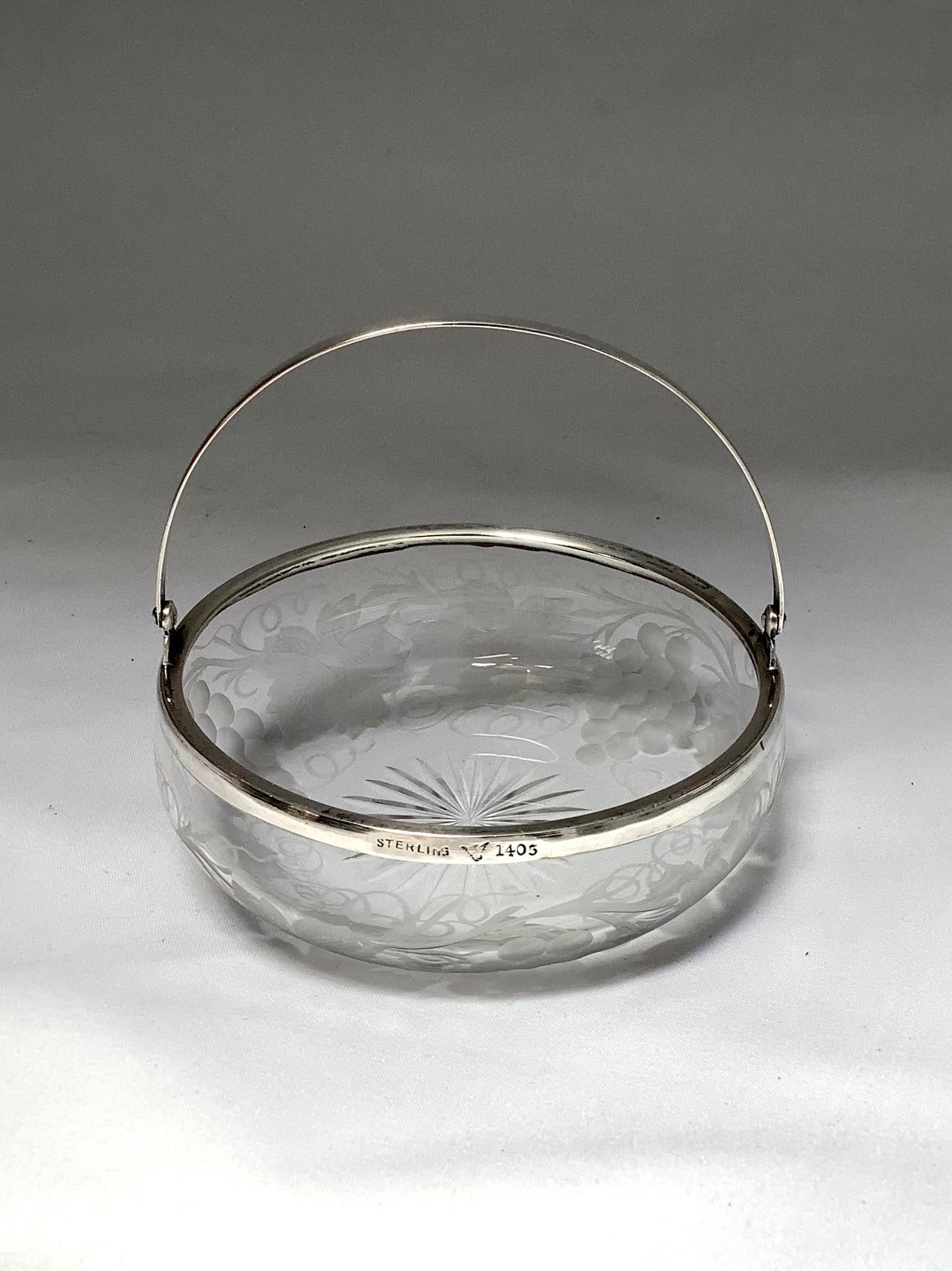 20th Century Etched Crystal Candy Dish w/ Sterling Silver Handle