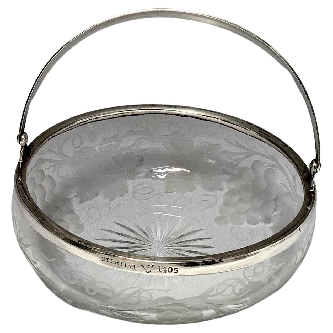 Etched Crystal Candy Dish w/ Sterling Silver Handle