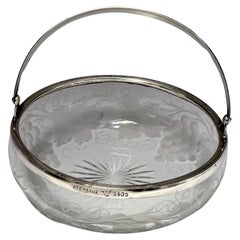 Vintage Etched Crystal Candy Dish w/ Sterling Silver Handle