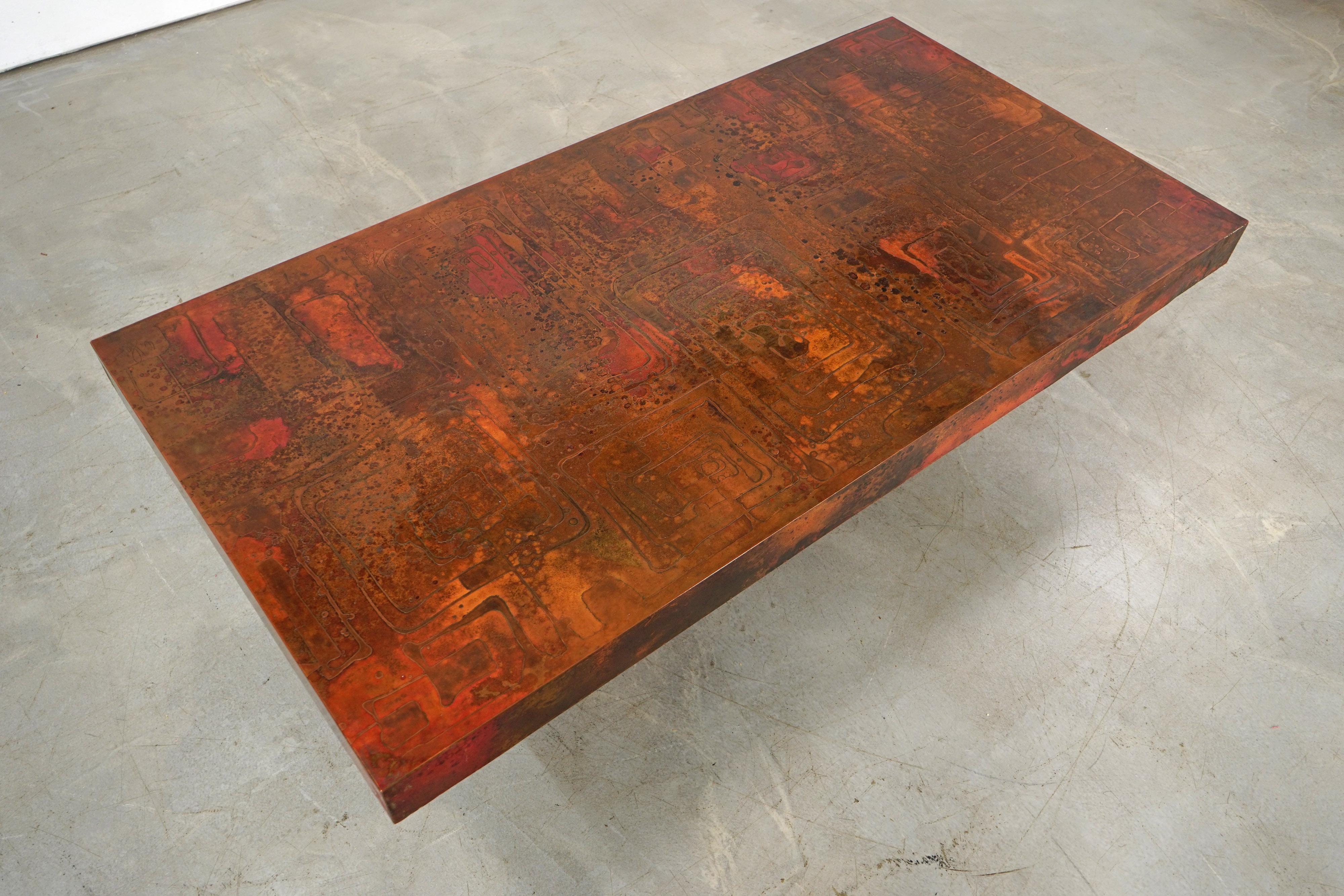 German Etched and Fire Oxidized Copper Coffee Table by Bernhard Rohne, 1960s For Sale