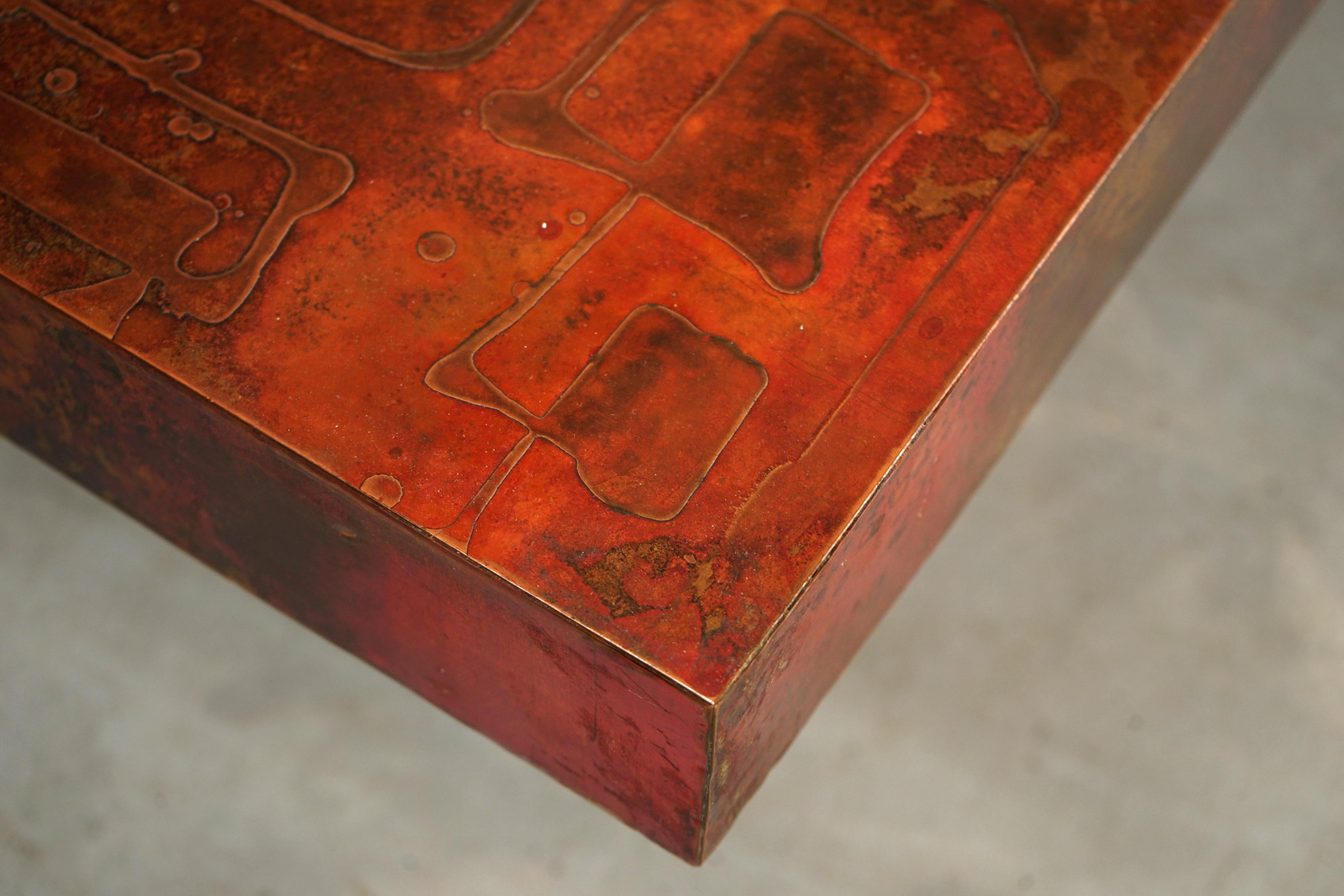 Etched and Fire Oxidized Copper Coffee Table by Bernhard Rohne, 1960s For Sale 1