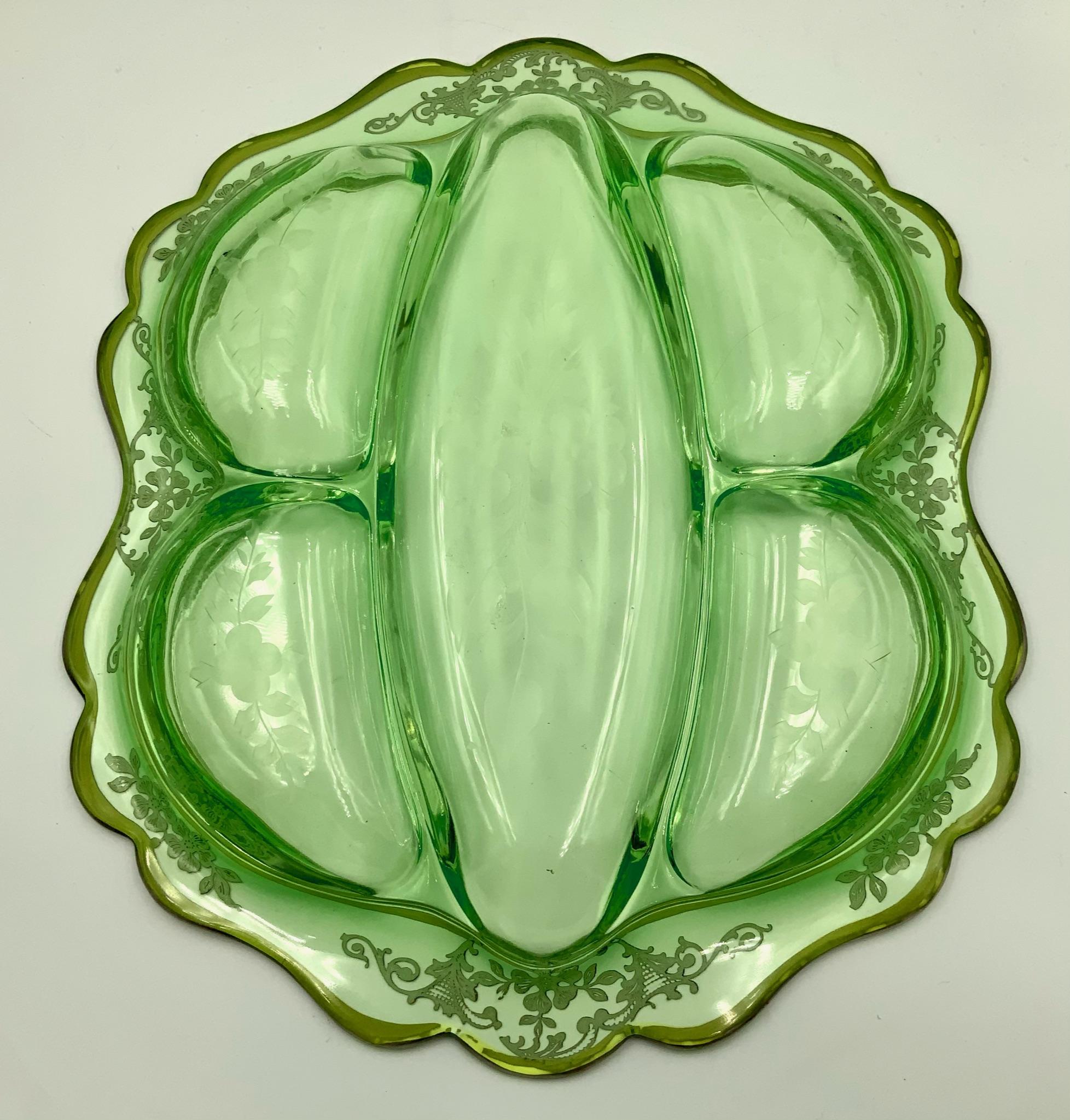 Wonderful large green depression glass 5 - part oblong celery / relish dish with etched floral and silver overlay design. I believe this piece is #3400 made by Cambridge Glass Co. between 1930's- 1950's that was then decorated with an etched floral