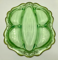 Etched Floral Silver Overly Green Glass Celery Relish Divided Server Dish Tray