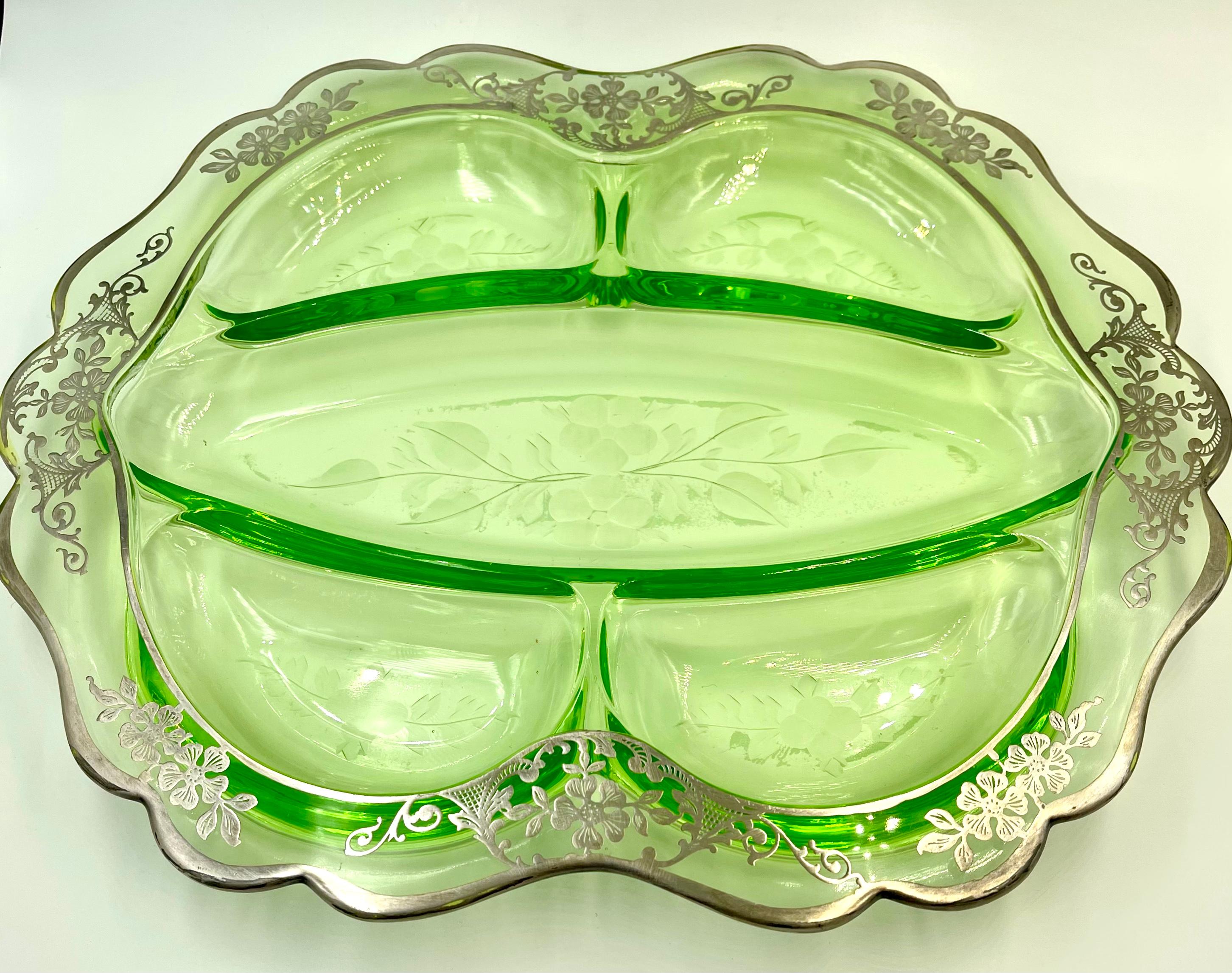 20th Century Etched Floral Silver Overly Green Glass Celery Relish Divided Server Dish Tray For Sale
