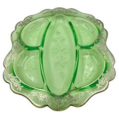 Etched Floral Silver Overly Green Glass Celery Relish Divided Server Dish Tray