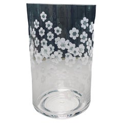 Vintage Etched Flowers Clear Crystal Cylindrical Flower Vase