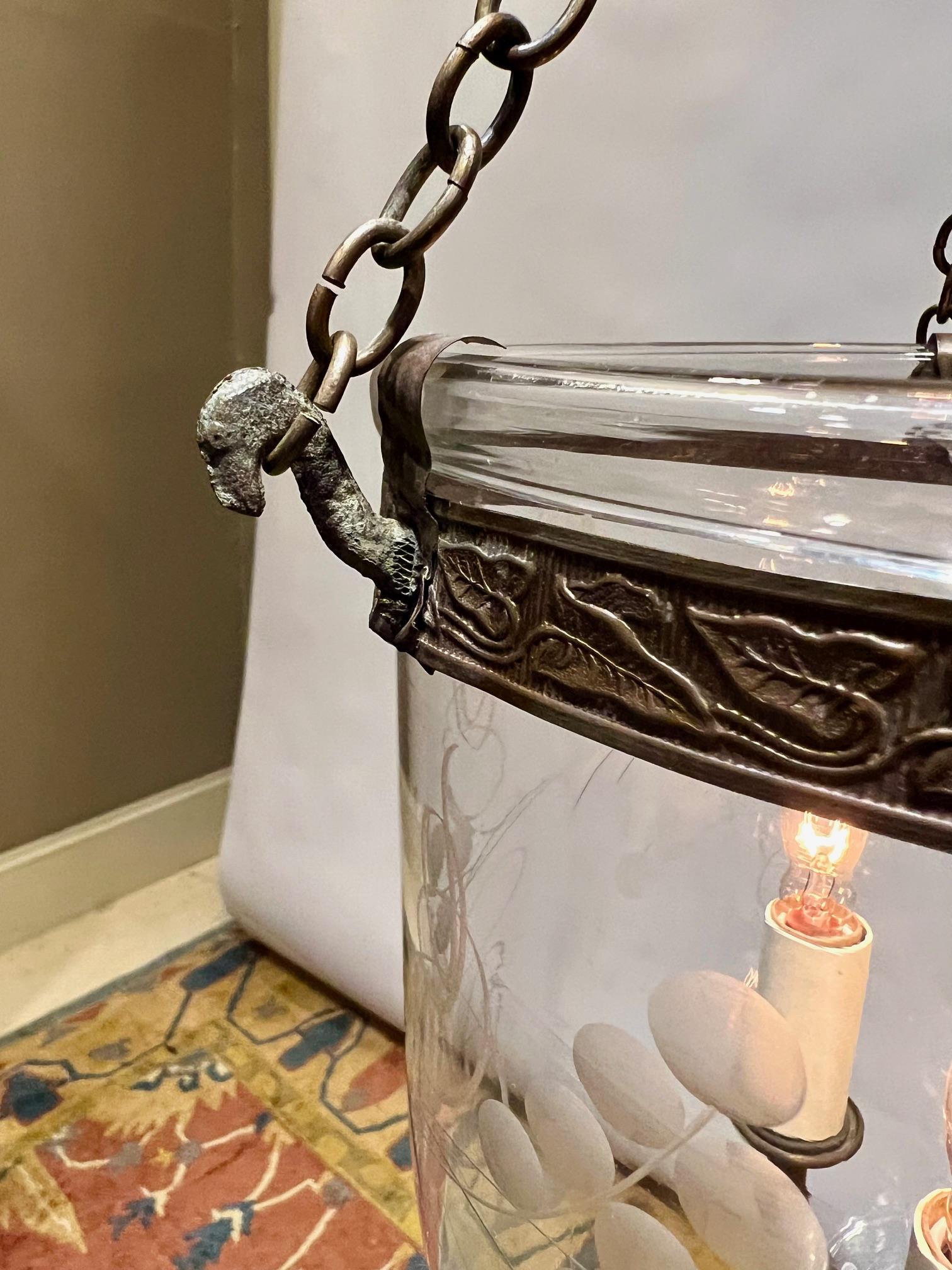 19th Century Etched Foliate 3-Light Bell Jar Lantern