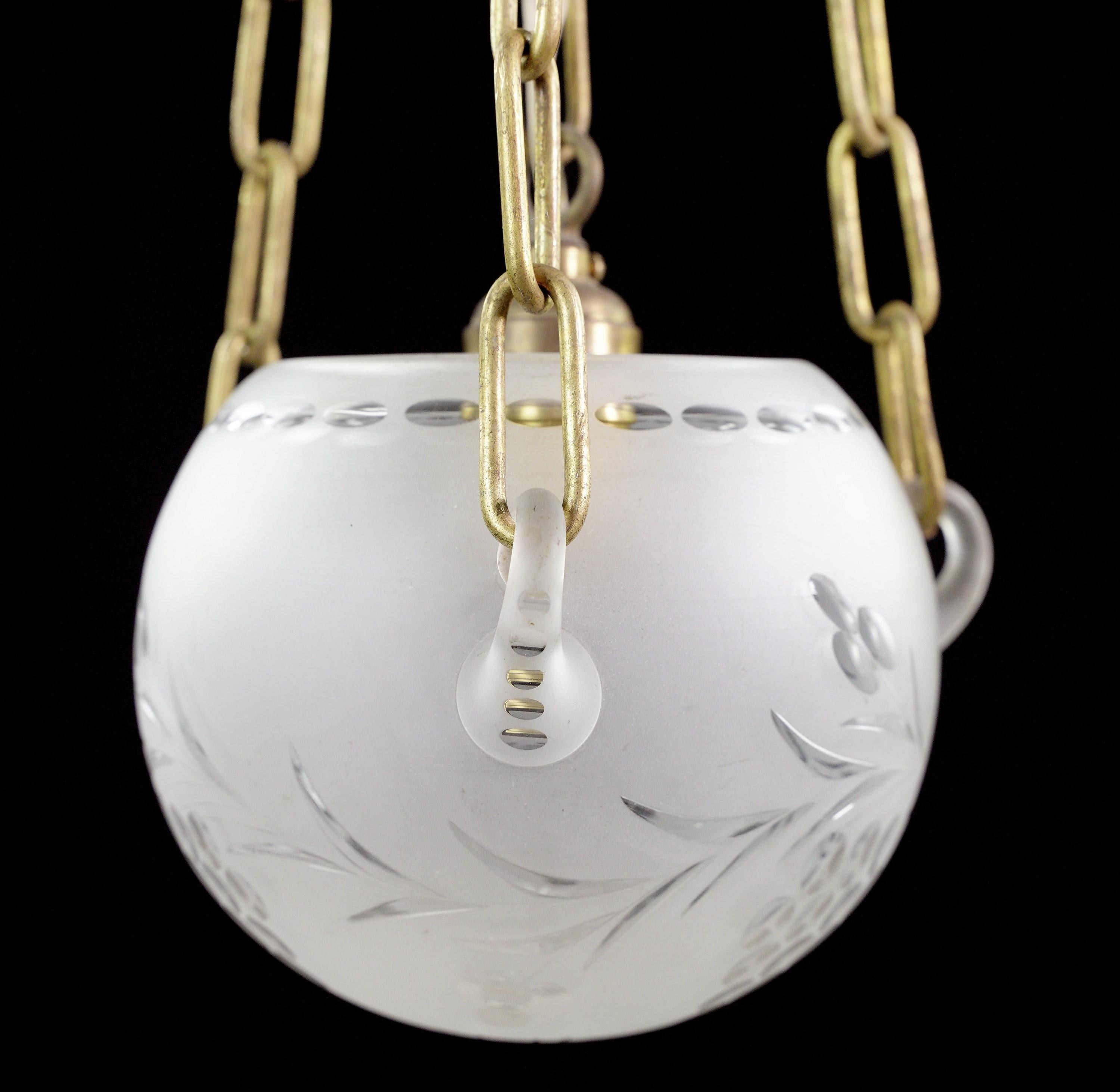 American Etched Frosted Glass Bowl Brushed Brass Pendant Light For Sale