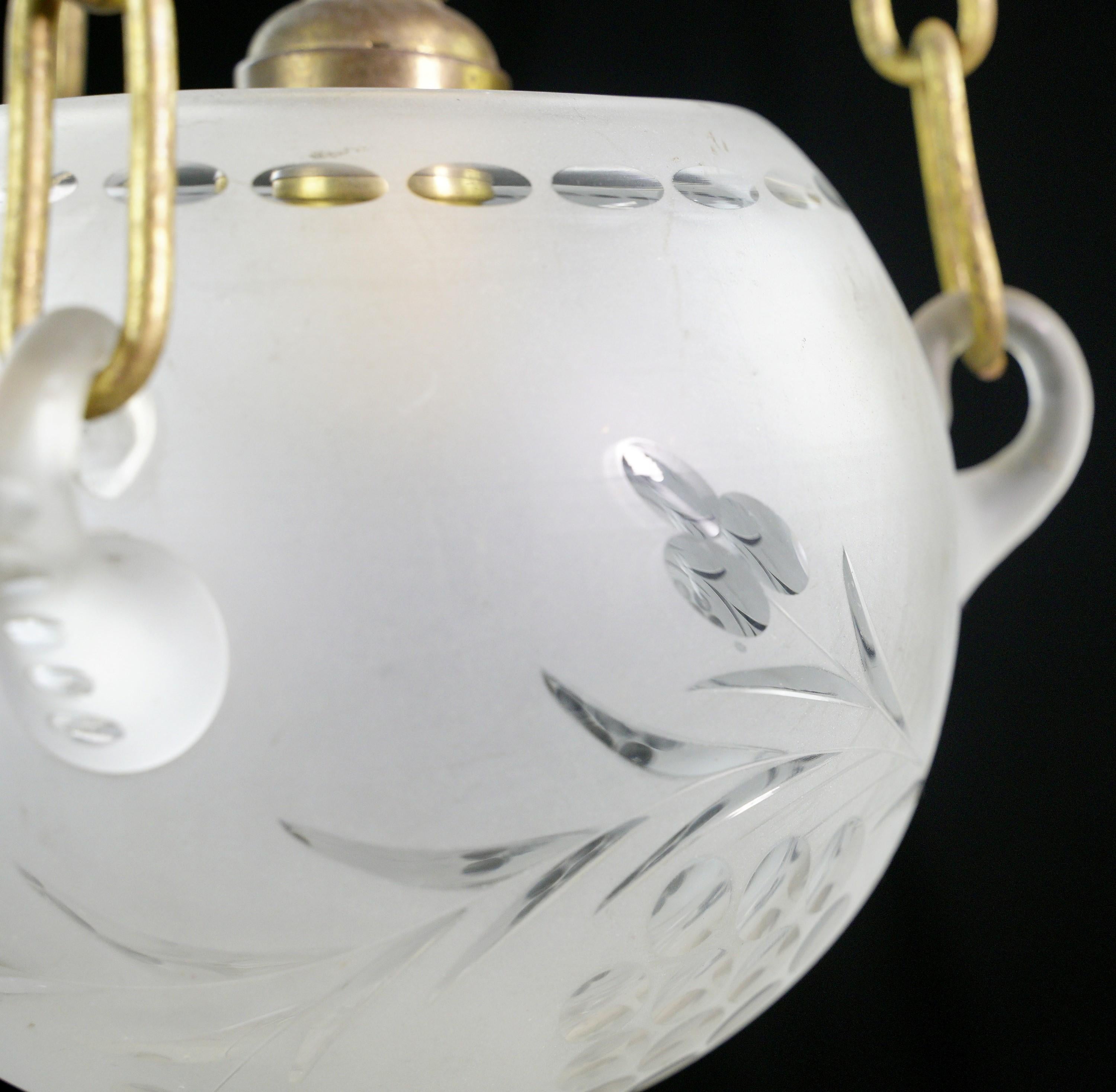 Etched Frosted Glass Bowl Brushed Brass Pendant Light In Good Condition For Sale In New York, NY