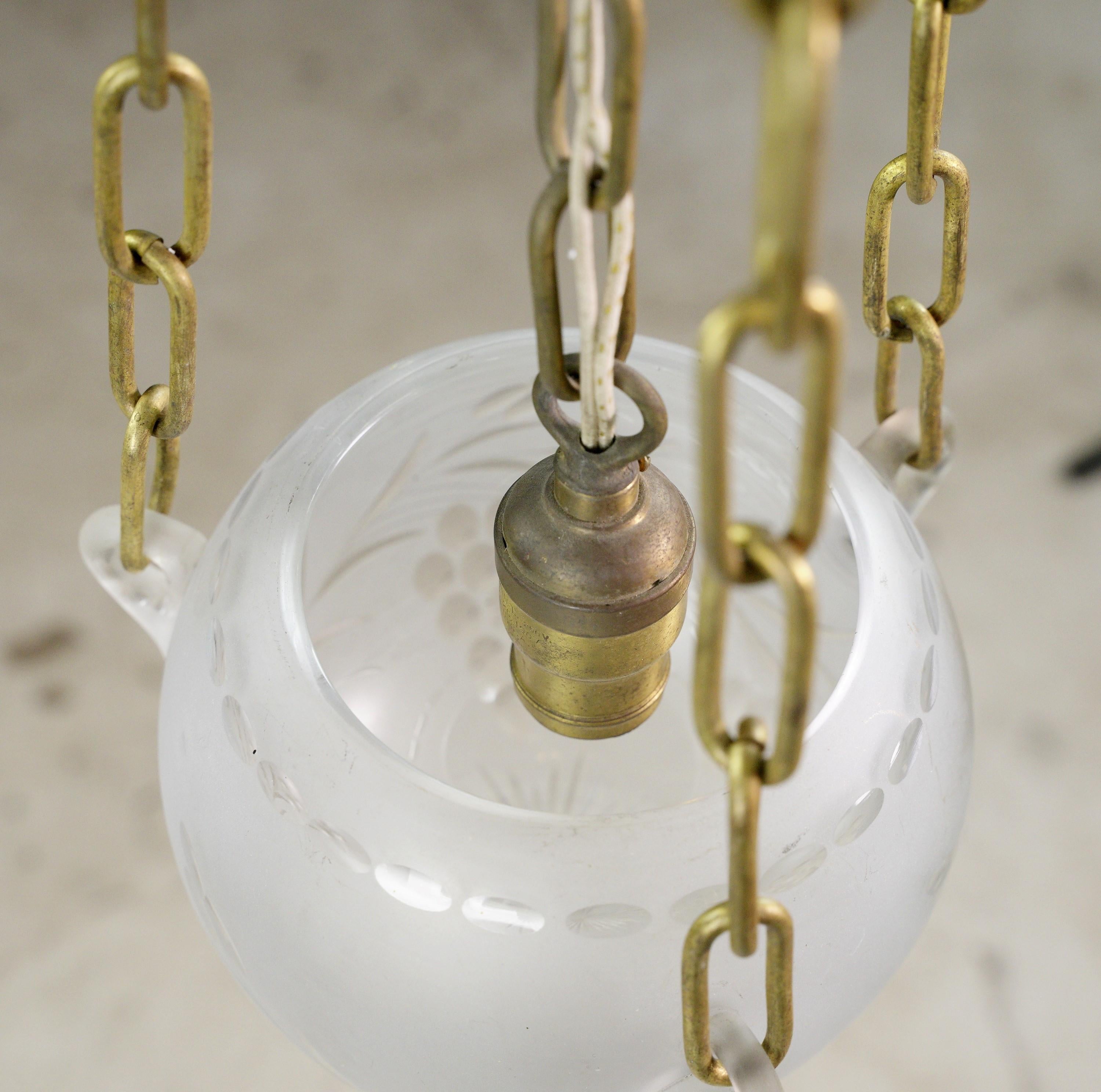 Etched Frosted Glass Bowl Brushed Brass Pendant Light For Sale 1