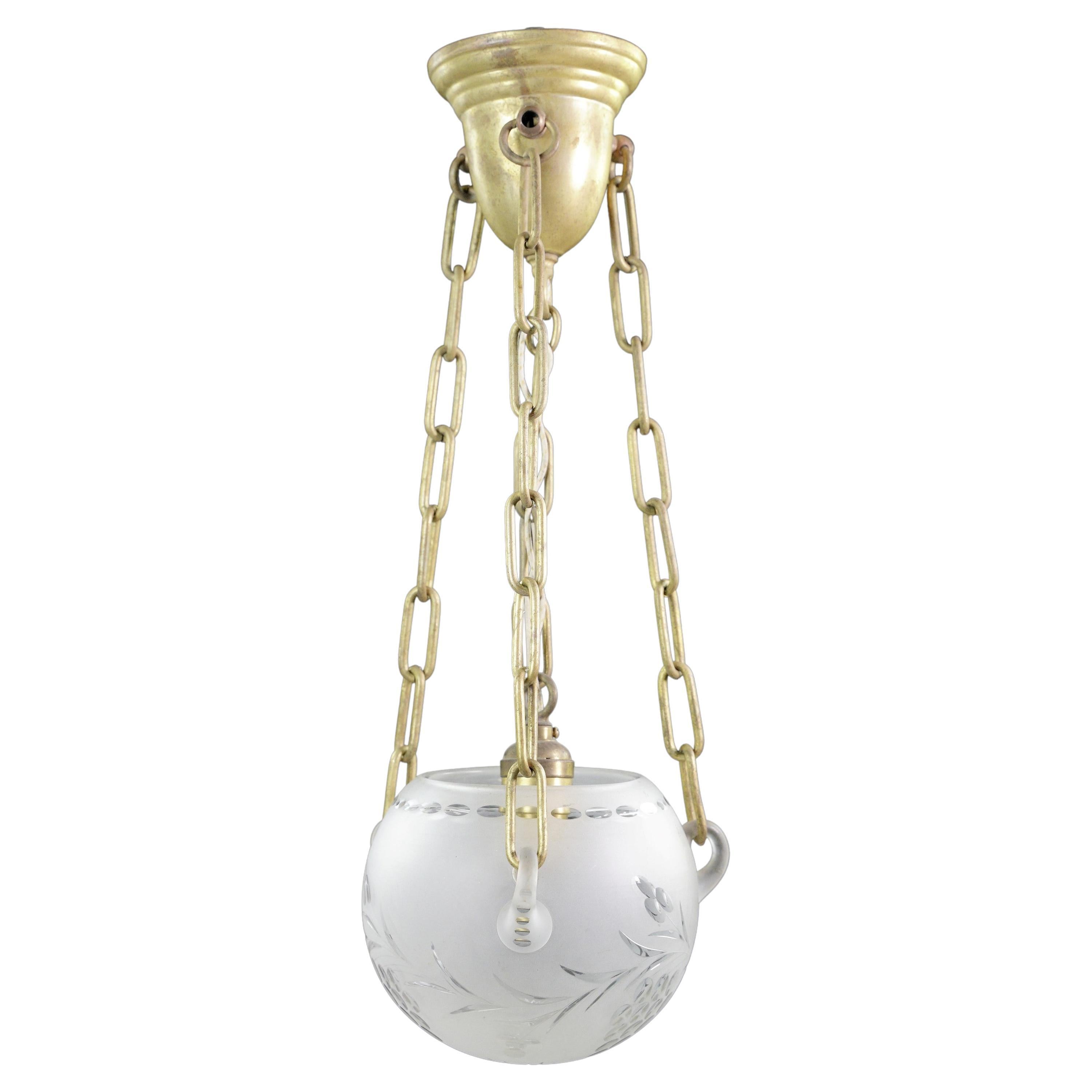 Etched Frosted Glass Bowl Brushed Brass Pendant Light For Sale