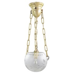 Antique Etched Frosted Glass Bowl Brushed Brass Pendant Light