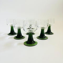 Etched German Roemer Coupe Wine Glasses with Green Stems - Set of 6