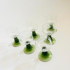 Etched German Roemer Coupe Wine Glasses with Green Stems - Set of 6