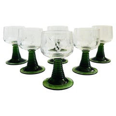 Etched German Roemer Coupe Wine Glasses with Green Stems - Set of 6
