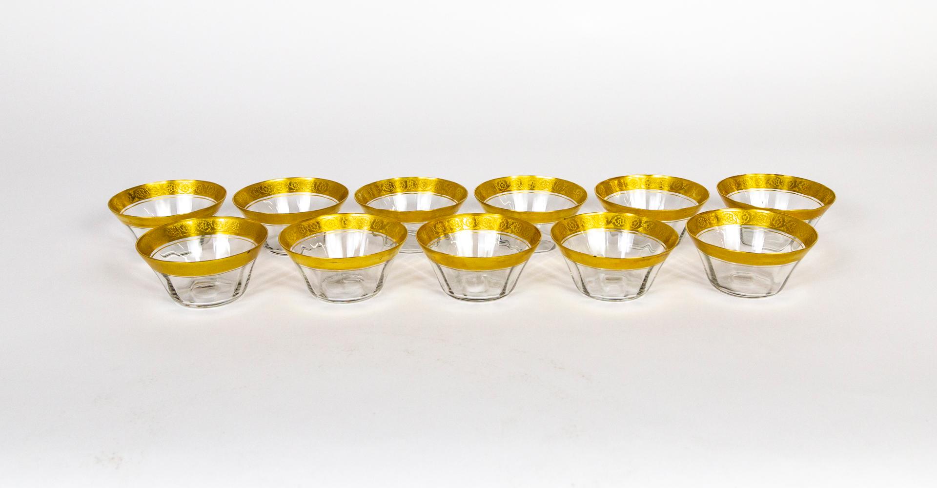 Etched Gilt Rimmed Clear Blown Glass Dessert Bowls, Set of 10 For Sale 7