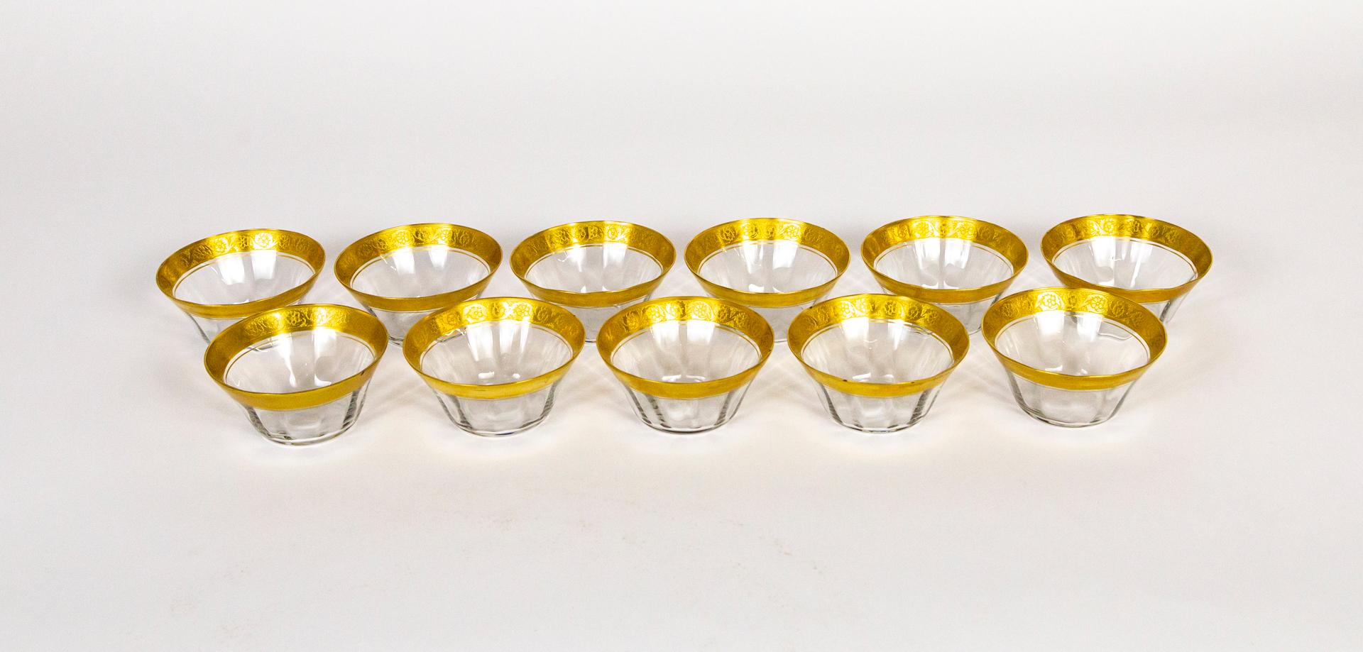 Etched Gilt Rimmed Clear Blown Glass Dessert Bowls, Set of 10 For Sale 8