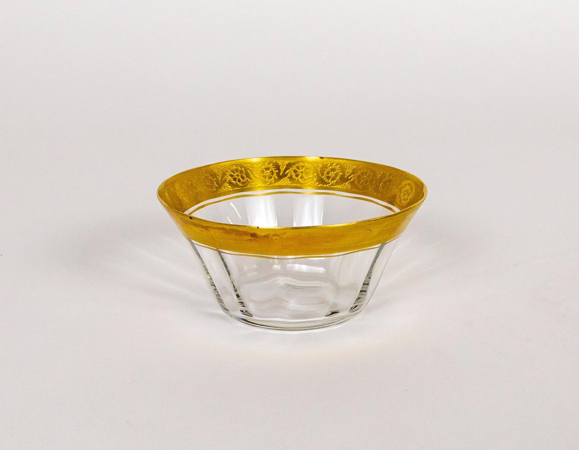 Etched Gilt Rimmed Clear Blown Glass Dessert Bowls, Set of 10 In Good Condition For Sale In San Francisco, CA