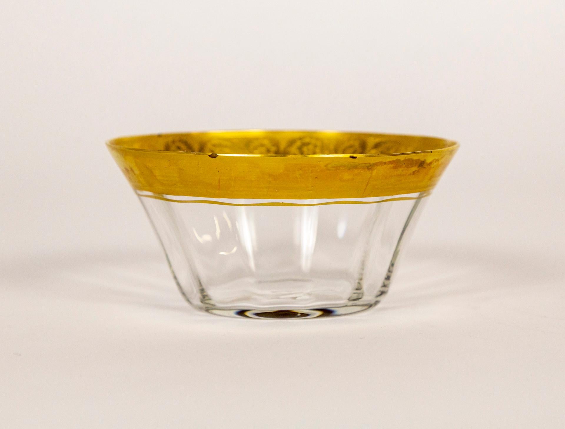 Etched Gilt Rimmed Clear Blown Glass Dessert Bowls, Set of 10 For Sale 1