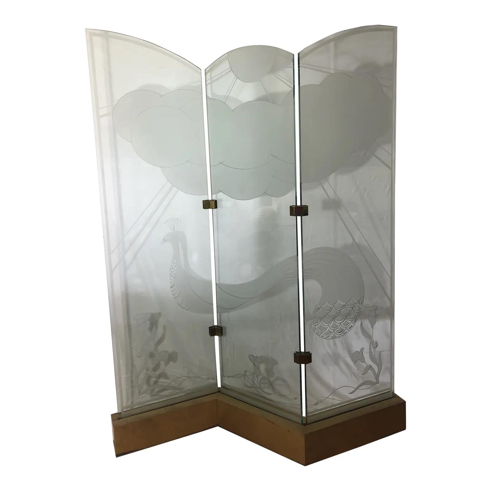 Etched Glass 3 Panel Peacock Lighted Room Divider Screen For Sale 4