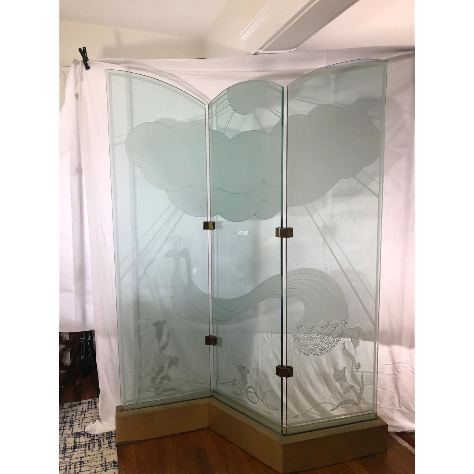 Etched Glass 3 Panel Peacock Lighted Room Divider Screen For Sale 5