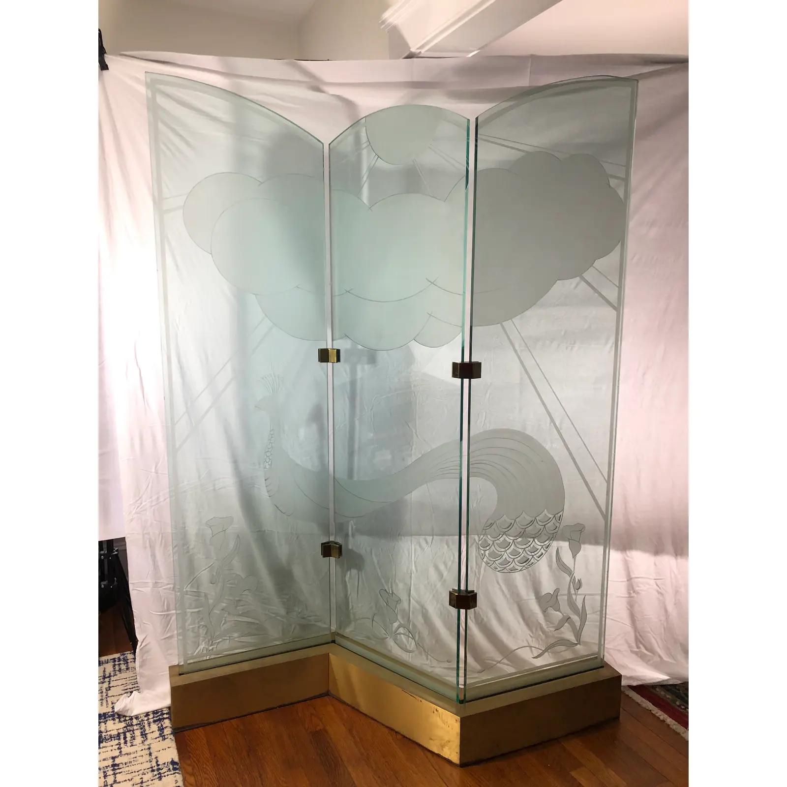 Etched Glass 3 Panel Peacock Lighted Room Divider Screen For Sale 2