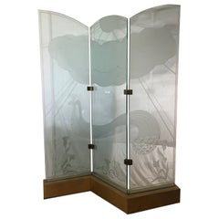 Etched Glass 3 Panel Peacock Lighted Room Divider Screen