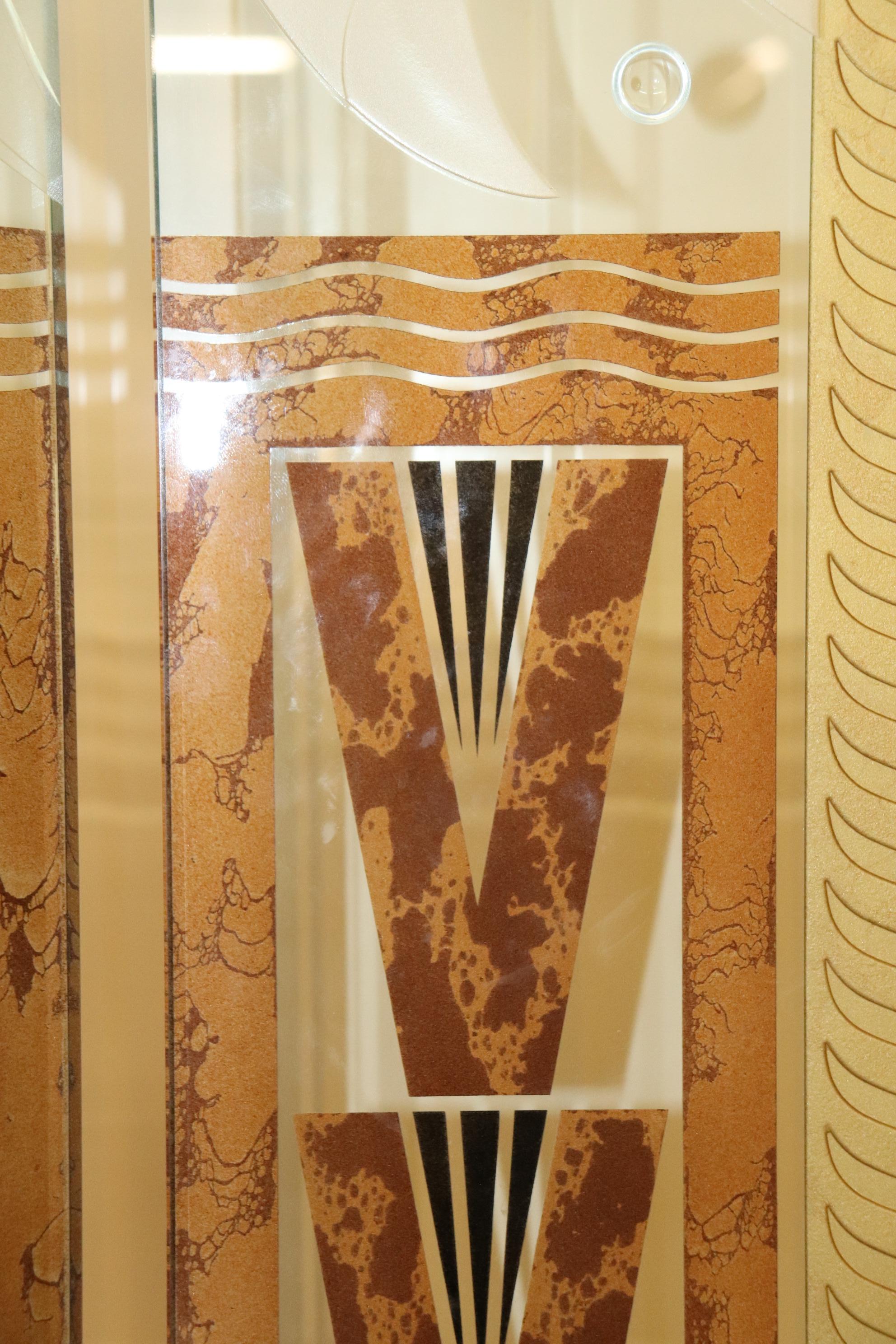 Brass Etched Glass and Eglomise Three Panel Skyscraper Style Art Deco Divider For Sale