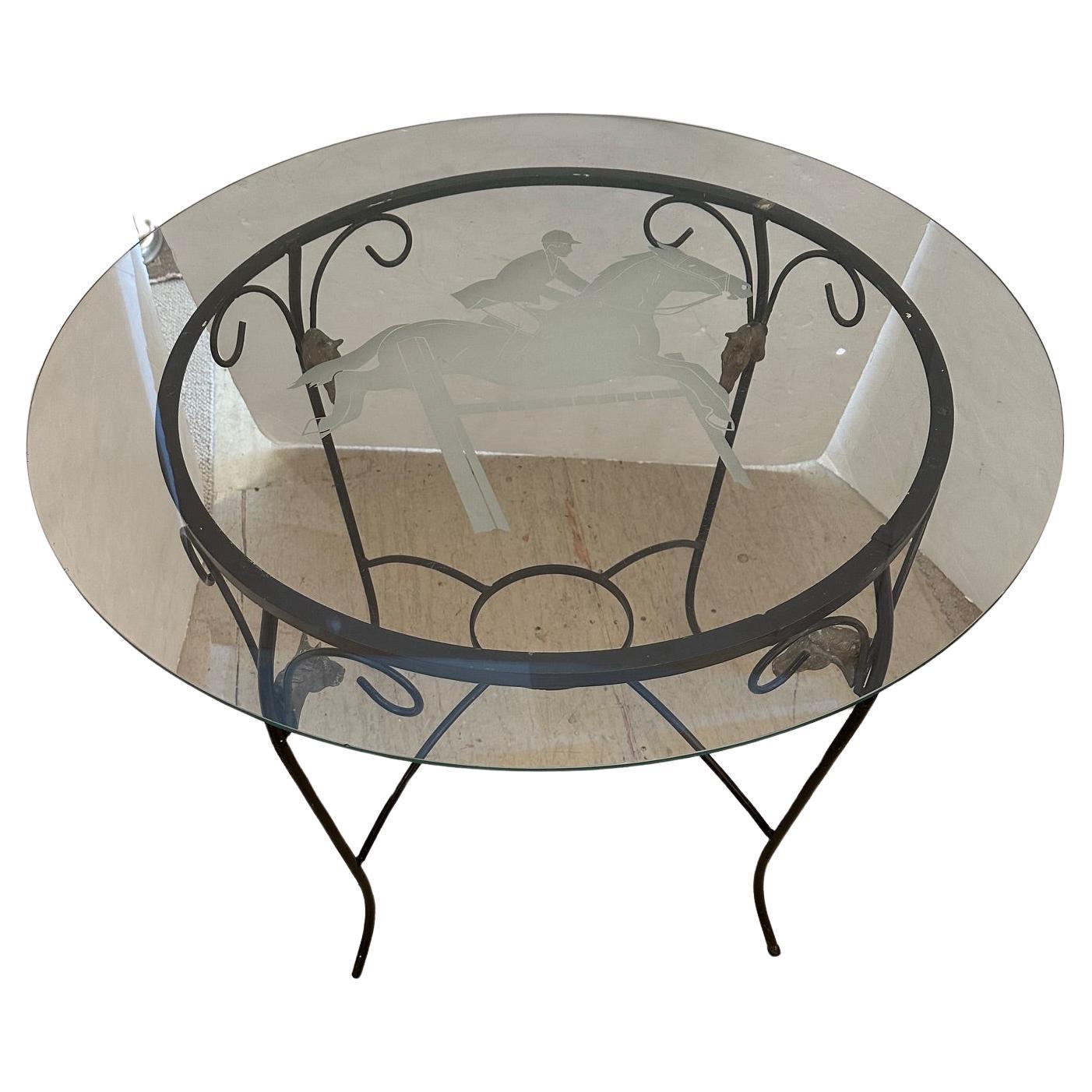 Etched Glass & Iron Round Table with Equestrian Motif