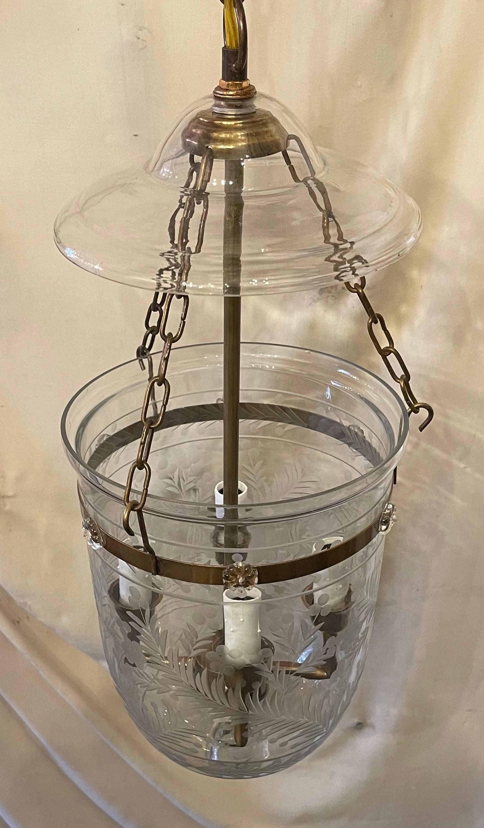 A Wonderful Etched Glass With Leaves & Flowers Bell Jar Lantern Fixture With Brass Hardware Each Light Fixture Has A 4 Candelabra Socket Cluster 

We Have 4 Available Each Sold Separately