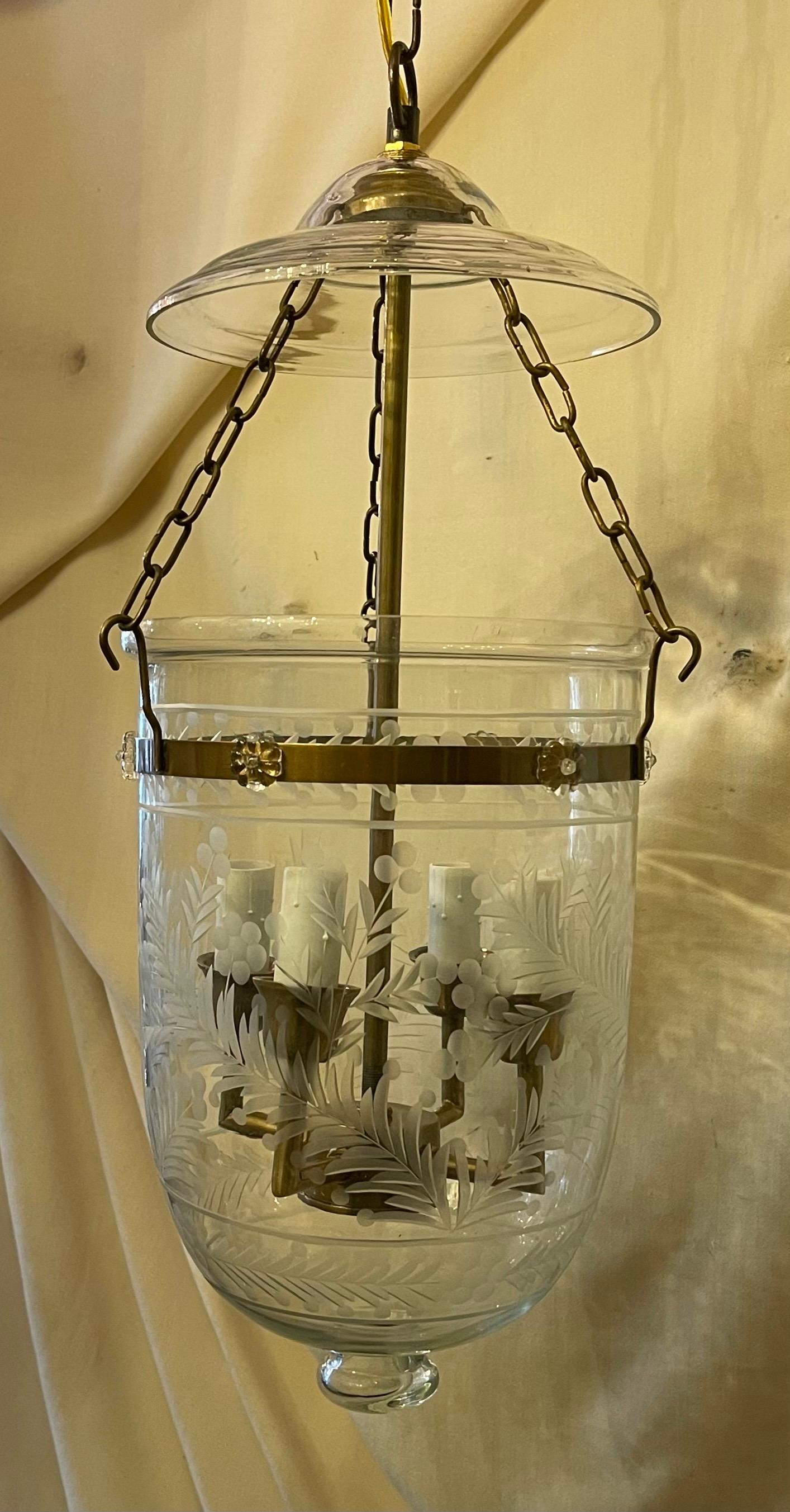 Regency Etched Glass Leaves Flowers Bell Jar Lantern Brass Light Fixtures 4 Available For Sale