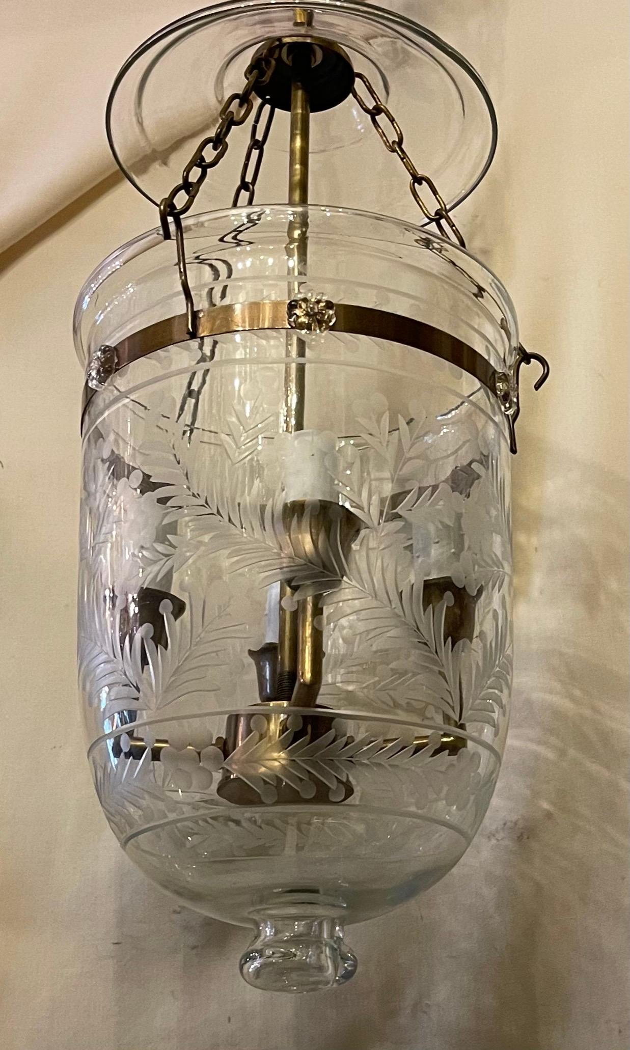 Etched Glass Leaves Flowers Bell Jar Lantern Brass Light Fixtures 4 Available In Good Condition For Sale In Roslyn, NY