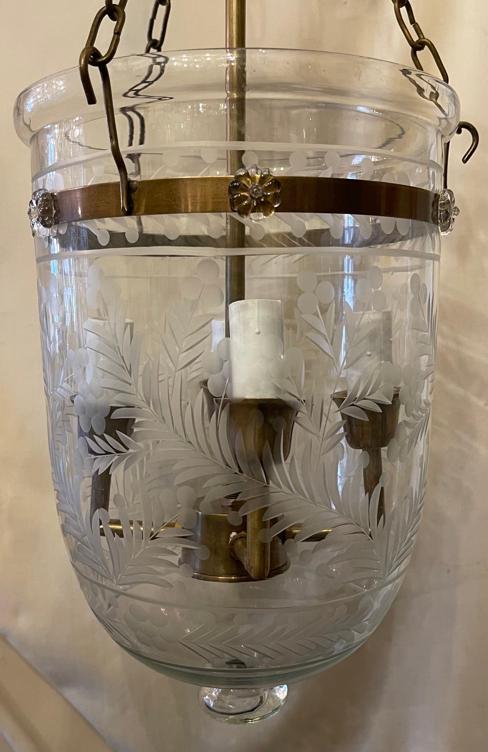 20th Century Etched Glass Leaves Flowers Bell Jar Lantern Brass Light Fixtures 4 Available For Sale