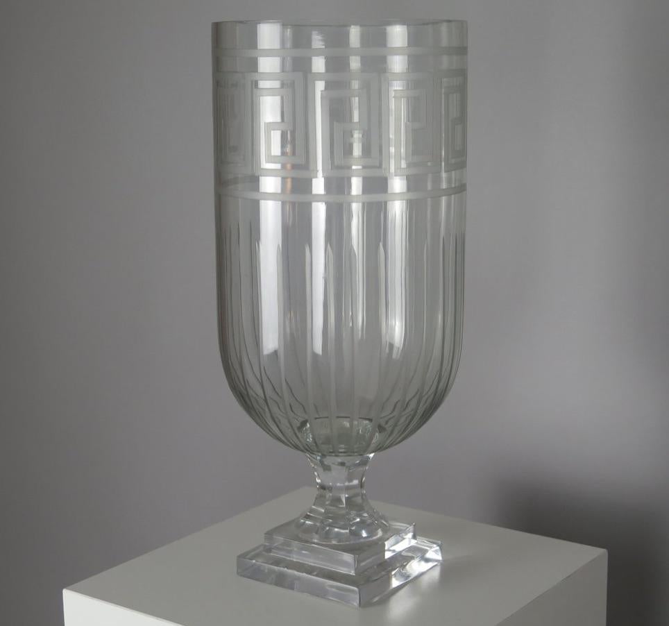 Etched Glass Vase with Greek Key Motif In Good Condition For Sale In Pittsburgh, PA