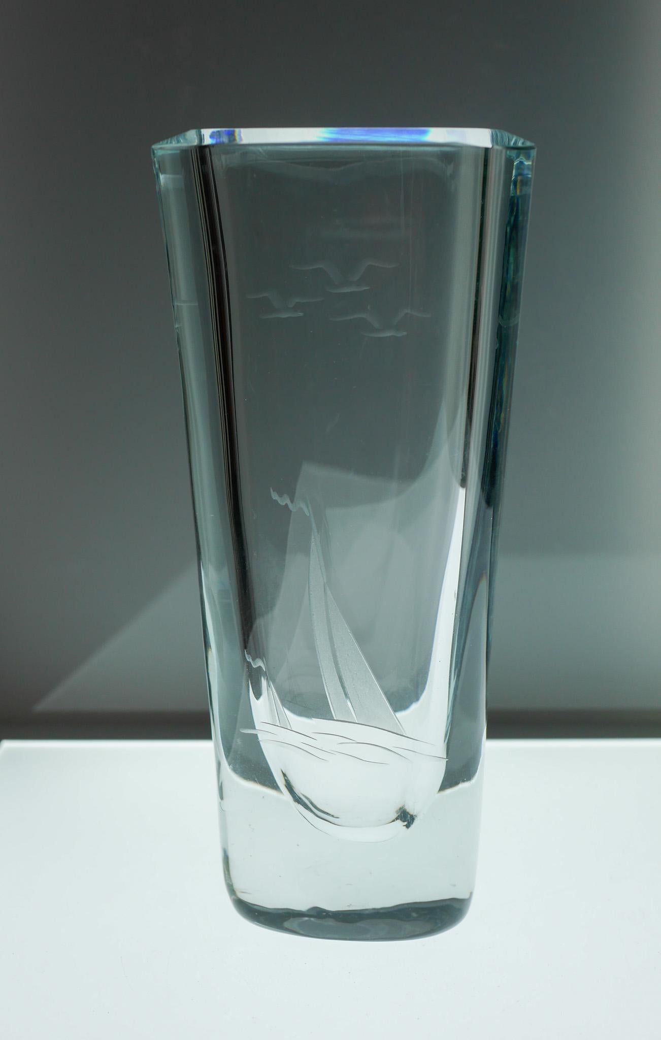 Glass Etched glass vase with Nautical or Sailing theme from Strömbergshyttan, Sweden For Sale