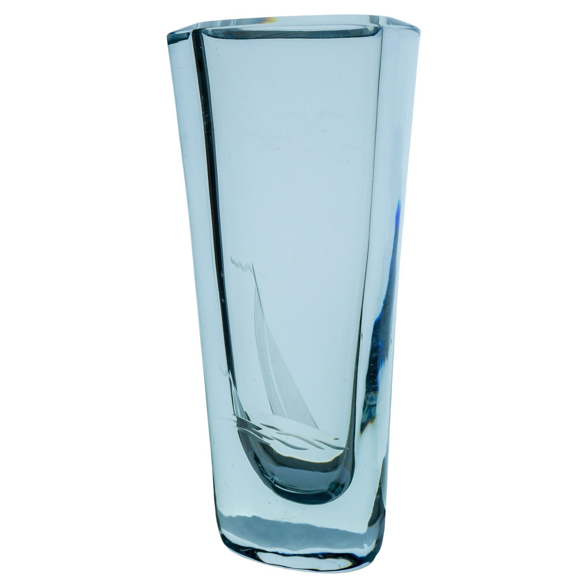 Etched glass vase with Nautical or Sailing theme from Strömbergshyttan, Sweden For Sale