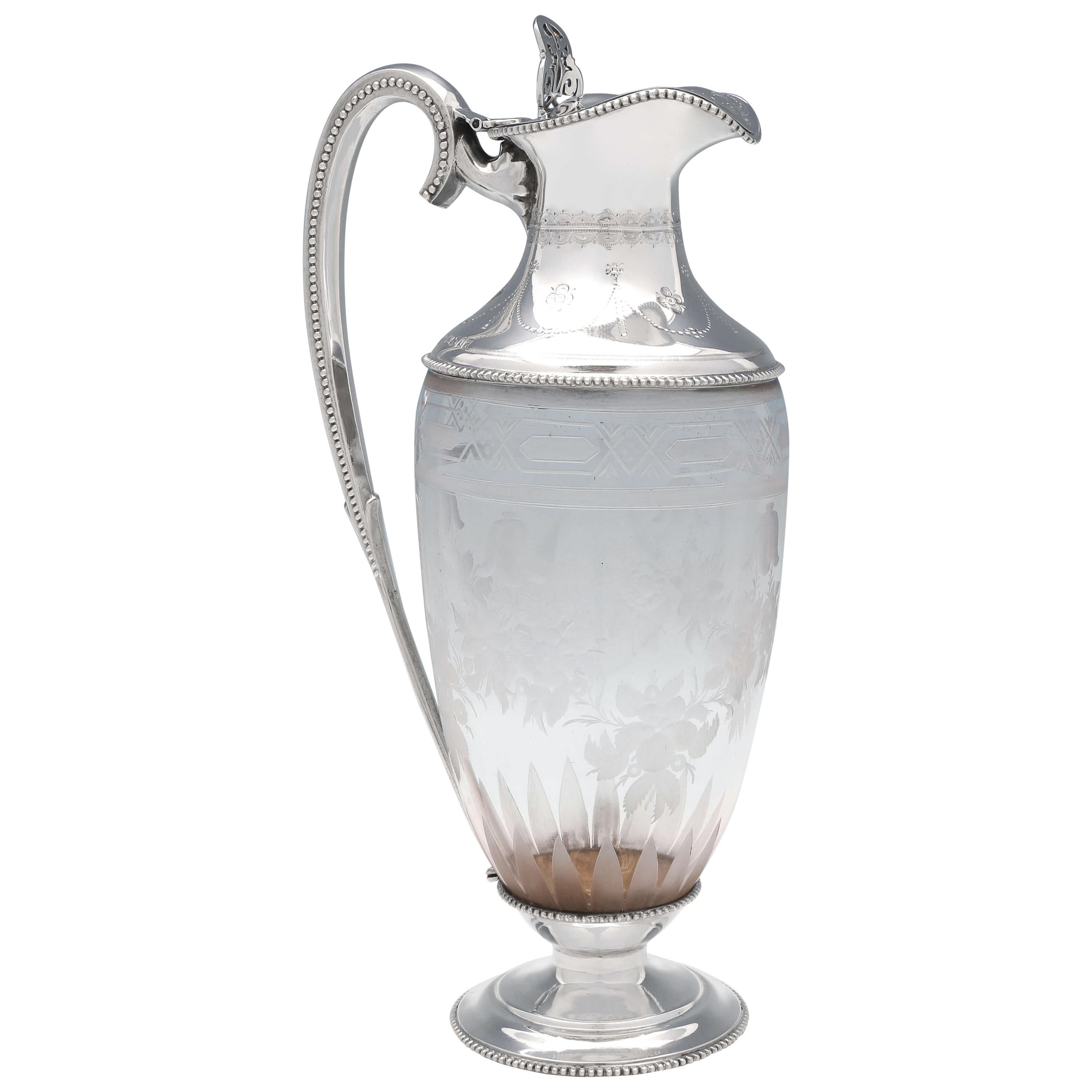Etched Glass Victorian Antique Sterling Silver Claret Jug from 1868